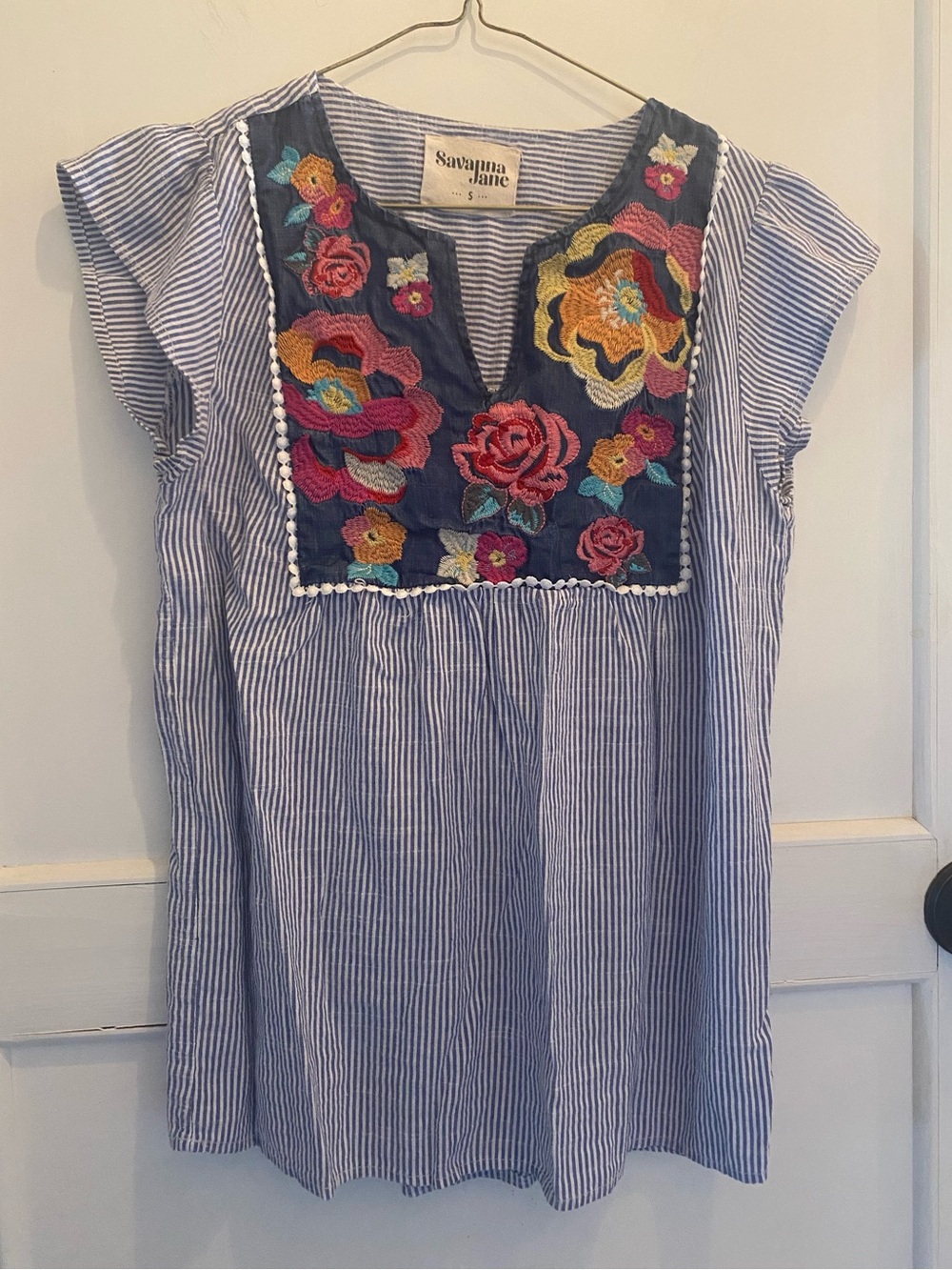 Savanna Jane Blue Striped Top with Floral Embroidery